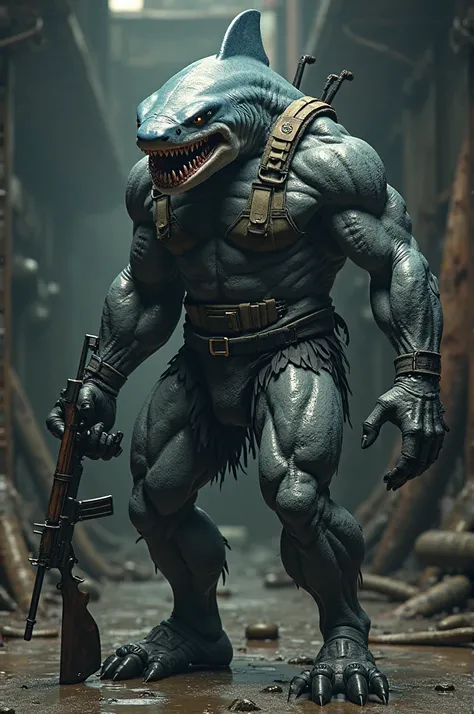 A shark with the body of a muscular man ,  with a bulletproof vest and a rifle in his hand