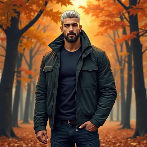 manly, autumn, trees with orange leaves background, tree background, muscular male, beard, platinum hair, modern style, jacket and dark jeans, masterpiece, full body shot, detailed face, manly, modern outfit, handsome male, cinematic, best quality, extreme...