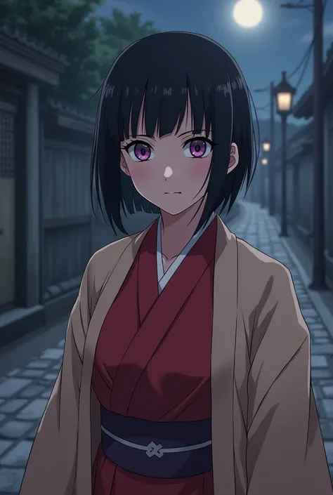 ninja woman,  anime style Naruto ,  with short black hair, straight bangs,  WHITE LEATHER FUND, A gentle face with an expression would be, With violet eye color. Kimono clothing in red and cream , Full body and on a night trail