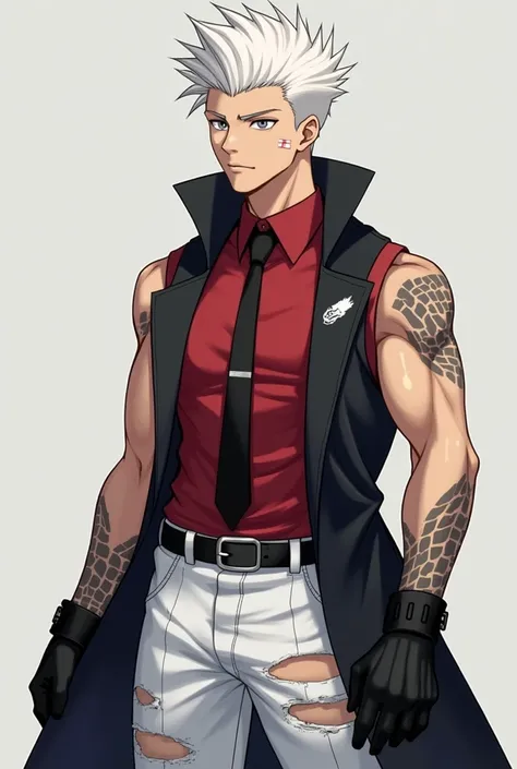 Anime style, a 17-year-old boy, small eyes and extremely serious, silver-colored eyes, an x-shaped scar on his left cheek, Bald Fade hair, description of the hairstyle the gradient decreases to the skin, creating a shaved effect on the sides, muscular body...