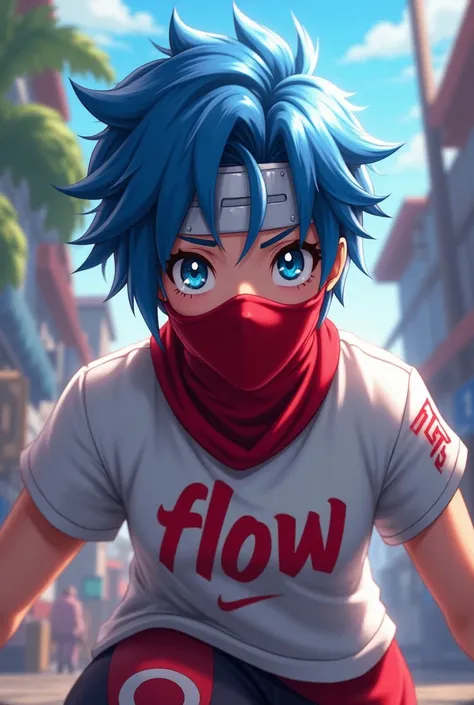 Create a free fire style image with blue hair with white Naruto headband with the flow t-shirt and red mask and pointed nose