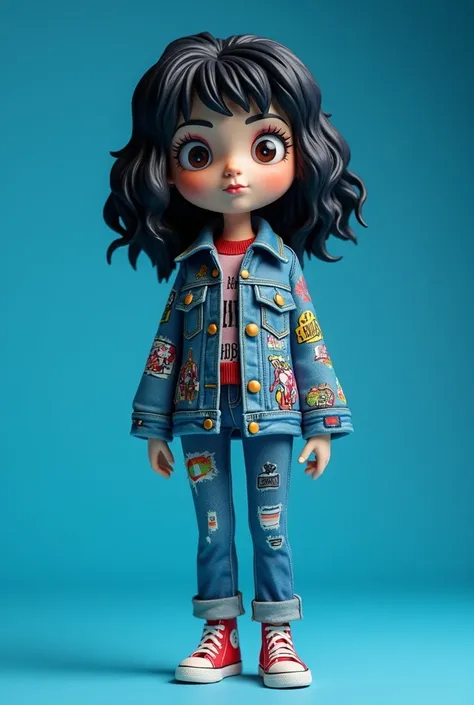 Ceramic figure of Mafalda wearing graffiti jean jacket with blue background.  black hair, And bathe too in Jean