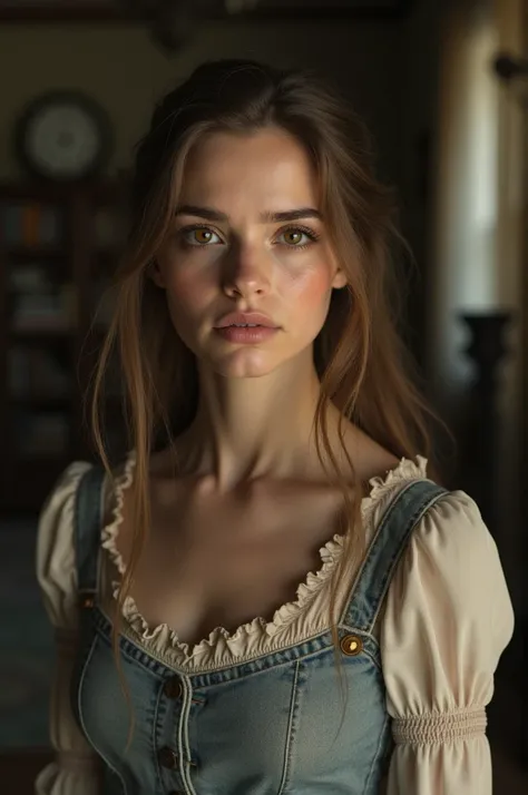 A kind-hearted girl named Cinderella lived with her wicked stepmother and two stepsisters, looks similar to Emma Watson, brown eyes, long brunette hair