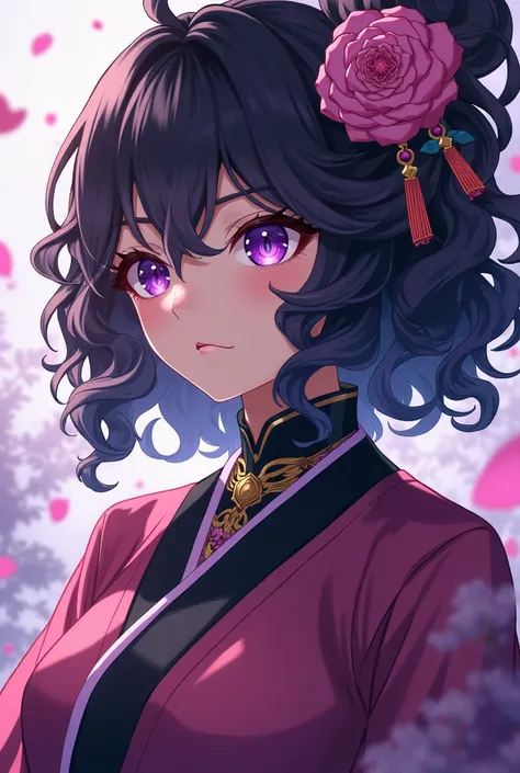 É uma oc de demon slayer! She is a feminine hashira, her hair is curly black with flowers, her eyes are purple, her breath is that of the stars, her uniform is like the one from Mitsuri Kanroji with the most Chinese style 