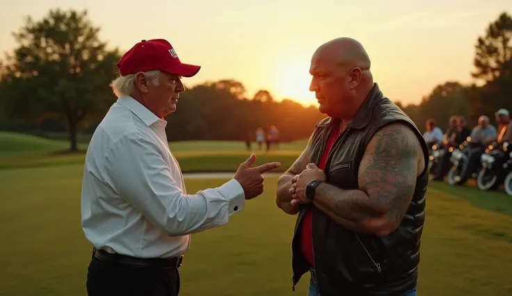  Evening golf course ,  bathed in the warm light of the sunset . Donald Trump is standing on perfectly trimmed grass,  dressed in a white shirt and a red cap .  He confidently points his finger at a biker ,  standing right in front of him . Biker is a mass...