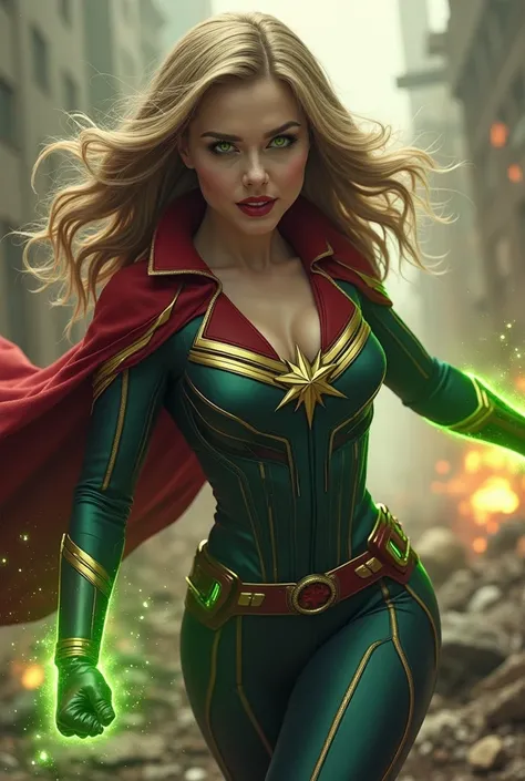 vampires (rogue), with brown hair and lots of white wiggles in her short straight bangs, There are white wigs on the front,  and sharp vampire teeth ,  is taking on Captain Marvel in an intense battle . vampires veste seu traje clássico verde e amarelo,  m...