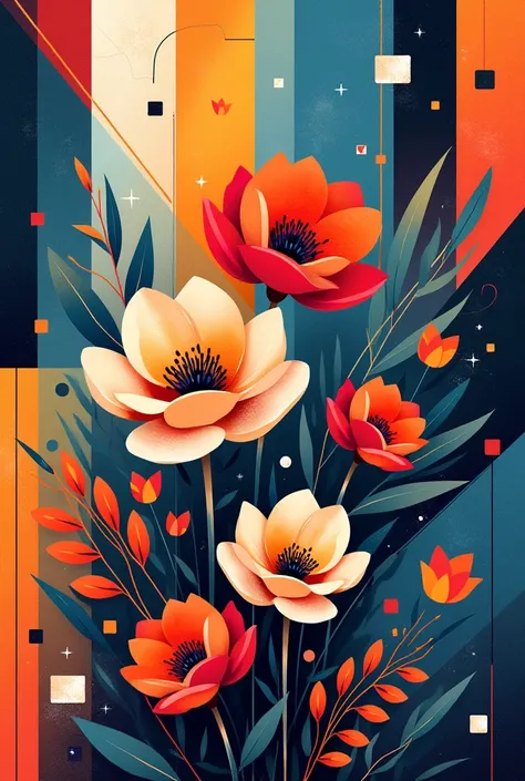 Generate abstract art with flowers and geometric shapes