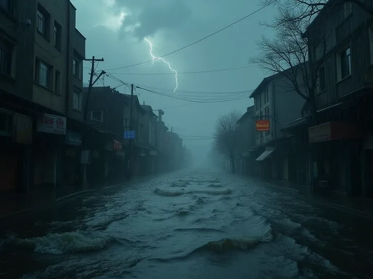 A heavy rainstorm floods the city streets, turning them into rivers. Dark clouds fill the sky, and rain pours down heavily. Water flows rapidly through the narrow alleyways, submerging the roads. The atmosphere is dark and stormy, with distant lightning fl...