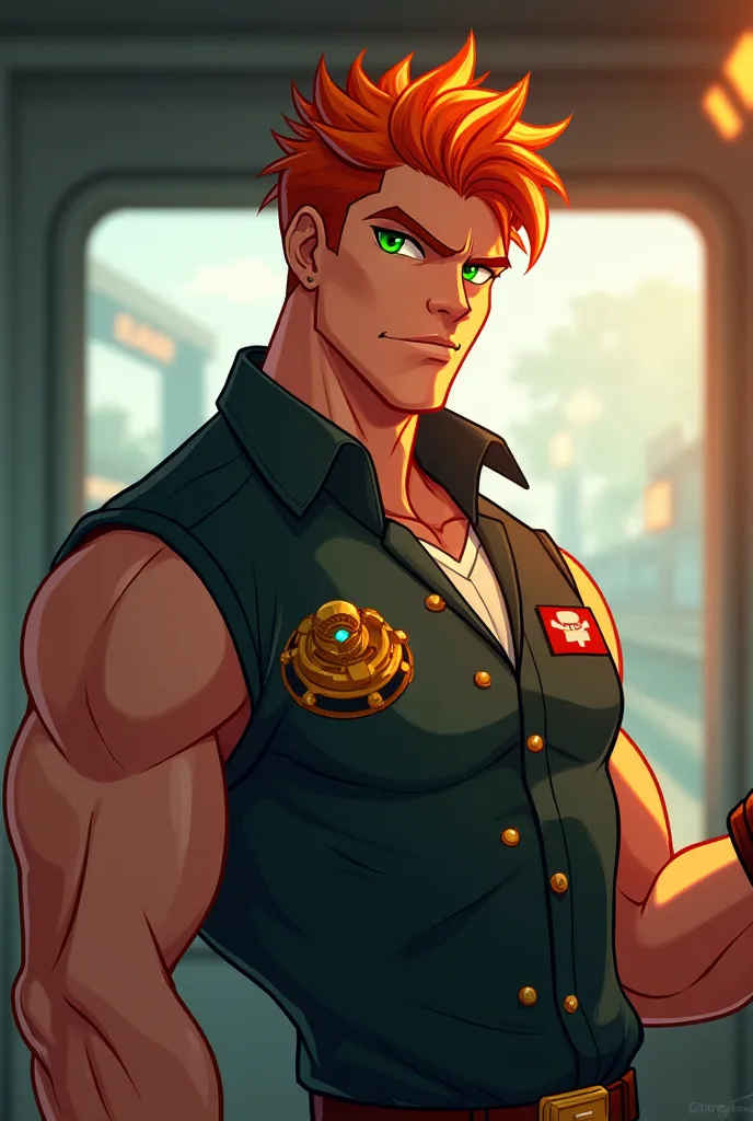 Male, orange hair, handsome, green eyes, musclar, wearing train operator clothes, animated 