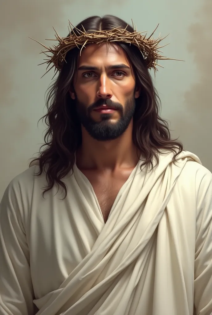 "Draw an image of Jesus Christ with a crown of thorns ,  dressed in a white robe and with an expression of love and compassion.  The style of the image must be realistic and detailed ."