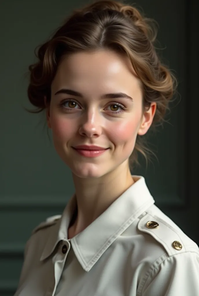 The pretty smiling face of my 18yo English daughter who looks similar to Emma Watson, brown eyes, brunette hair tied up in a bun, The year is 1940 and she is a nurse