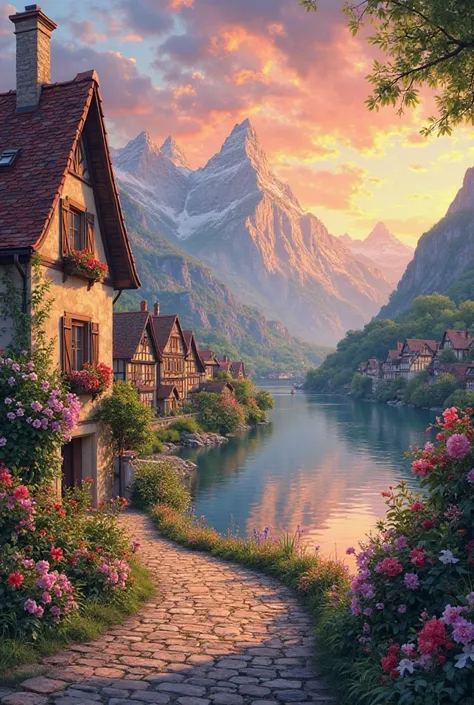  A small town by the river, mountains in the background,  colorful floral flowers ,  detailed landscape,  beautiful natural landscapes,  atmospheric lighting, scorching sunset,  warm colors, practical, Photographic, detailed foliage, complex buildings, cob...