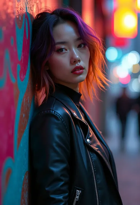 A stunning cinematic close-up of a Korean cyborg woman, capturing the essence of street style. She impresses in a fitted black leather jacket with silver zippers, paired with ripped jeans and ankle boots. Her hair is styled in loose waves, framing her face...