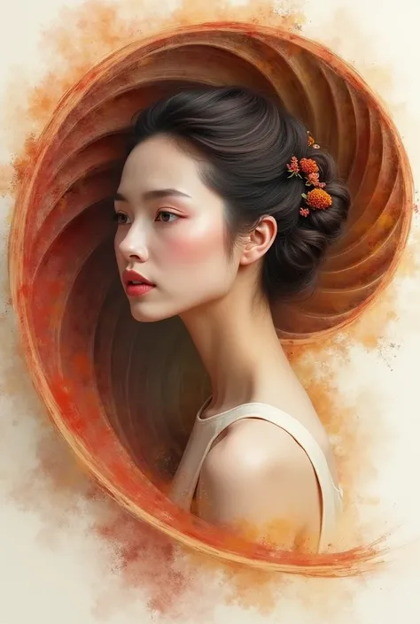 A beautiful woman and an elegant fibonacci spiral. Perfect shape in nature. Rendered in beautiful watercolor. Tones of orange, brown and red.