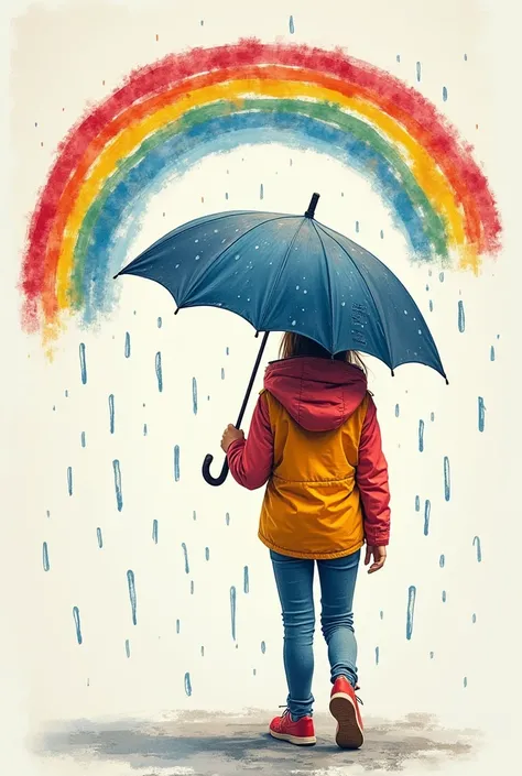 Draw a person holding an umbrella ,  with raindrops representing concerns and uncertainties about the future .  but ,  rainbow drawing in the background symbolizing the happiness and hope of the present moment. 