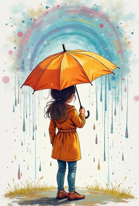 Draw a person holding an umbrella ,  with raindrops representing concerns and uncertainties about the future .  but ,  rainbow drawing in the background symbolizing the happiness and hope of the present moment. 