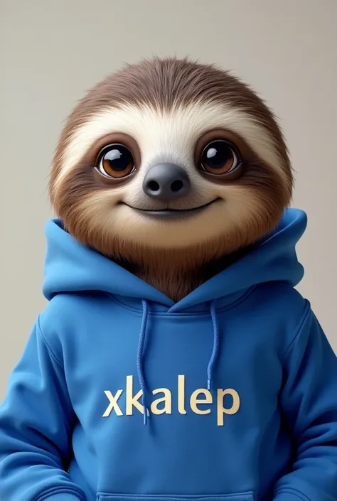 A sloth with pretty eyes and a smile and who wears a royal blue sweatshirt that says xkalep.