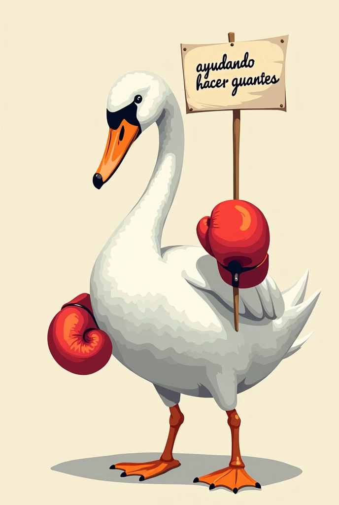 A cute swan with a boxing gloves and a banner “ayudando hacer guantes”.