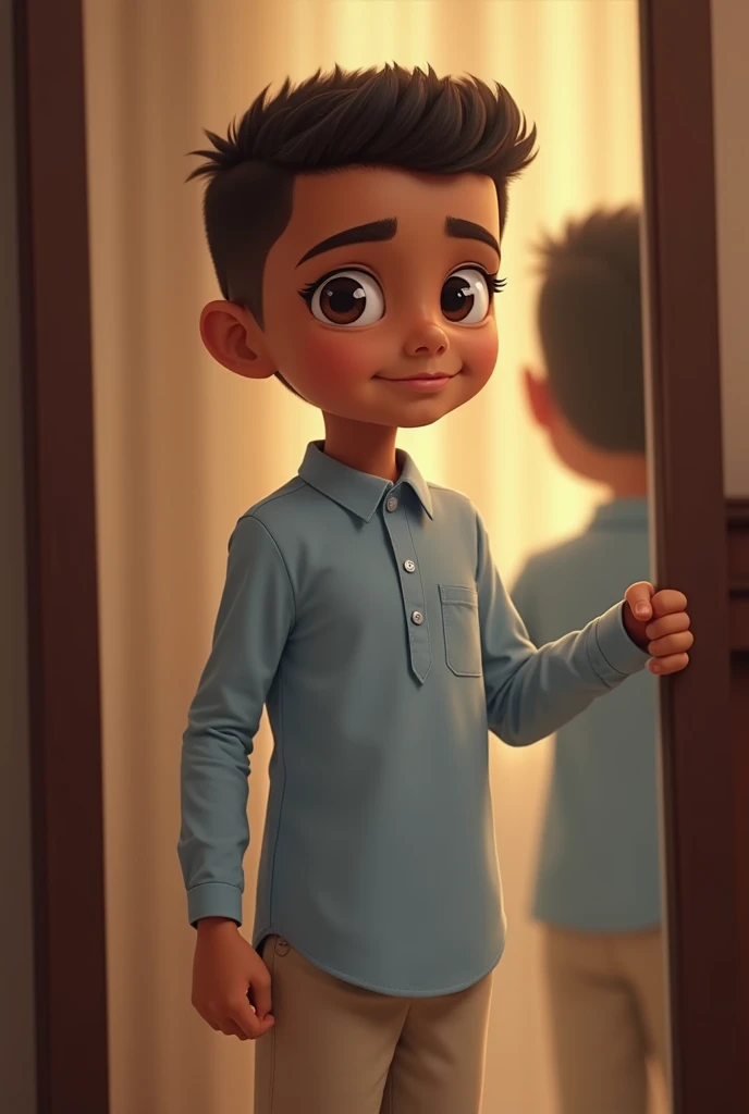 Ahmed, 7-, male, short neat hairstyle, dark brown, proud expression, light blue shirt, beige pants, wearing a prayer outfit, standing in front of a mirror adjusting his clothes, warm room with gentle light, soft and simple background."
