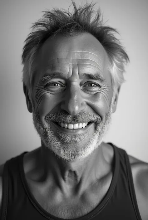 smiling Russian daddy 50yo, with a black & white tank top & a jeans