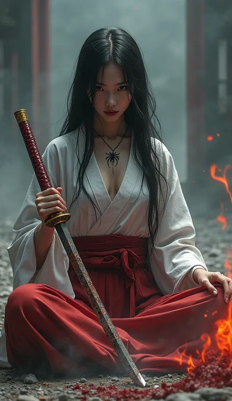 A japanese woman sitting on her knees. with marble white skin [[[highlytexture skin]]]. long black hair that flows down her shoulders and back. The character is holding a katana covered in blood; it is golden and red coloured. She wears a white and red kim...