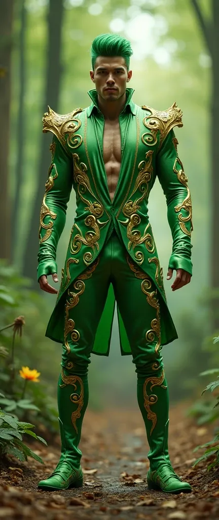 Full body photorealistic handsome hunky fractal masculine green hair Gaio ,wearing a green with gold  transparent crystal chrome gold swirl and twirl baroque design glass trimmings super suit , look at camera, detailed face parts, with majestic forest as b...