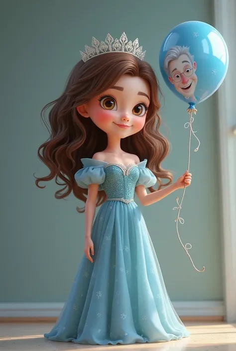 Create a Disney . a tall, white ten-year-old with curly brown hair and brown eyes.  dressed in a long light blue evening dress with a bow on one arm , wearing a discreet crown holding a balloon with a picture of her grandfather  (a friendly white man with ...