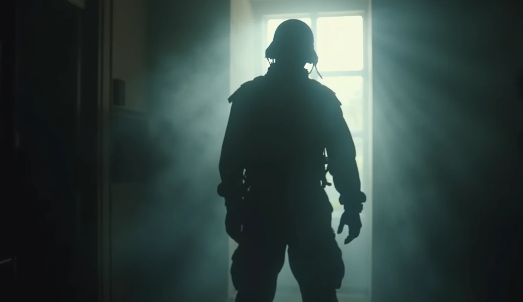 A shadowy silhouette of a WWII fighter pilot standing in a dimly lit room. His figure is partially obscured by mist, as if he exists between two worlds—past and present. The background is intentionally blurred, hinting at memories trying to break through.