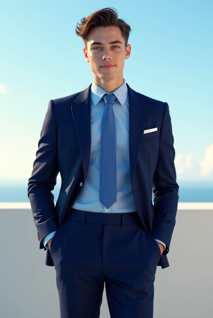 19 year old man wearing blazer of navy blue colour under a sky blue shirt and a blue tie with Navy pants 