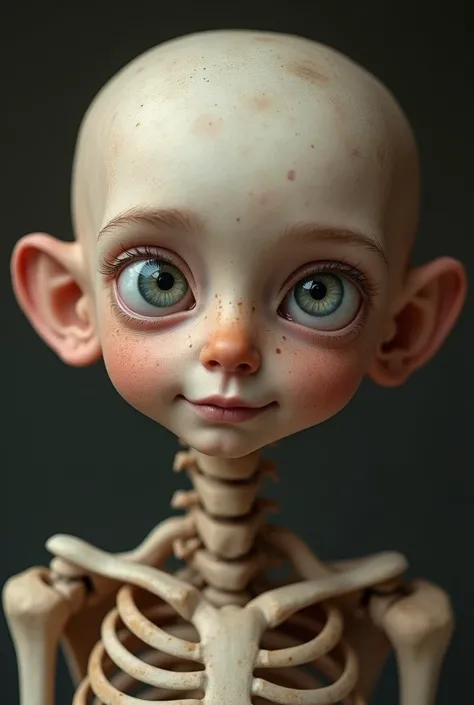 The  is around six years old, with a bone structure visibly affected by the condition. Their skull has an asymmetrical shape, with a slightly more prominent forehead and a less developed lower face. The eyes are large and slightly slanted, possibly appeari...