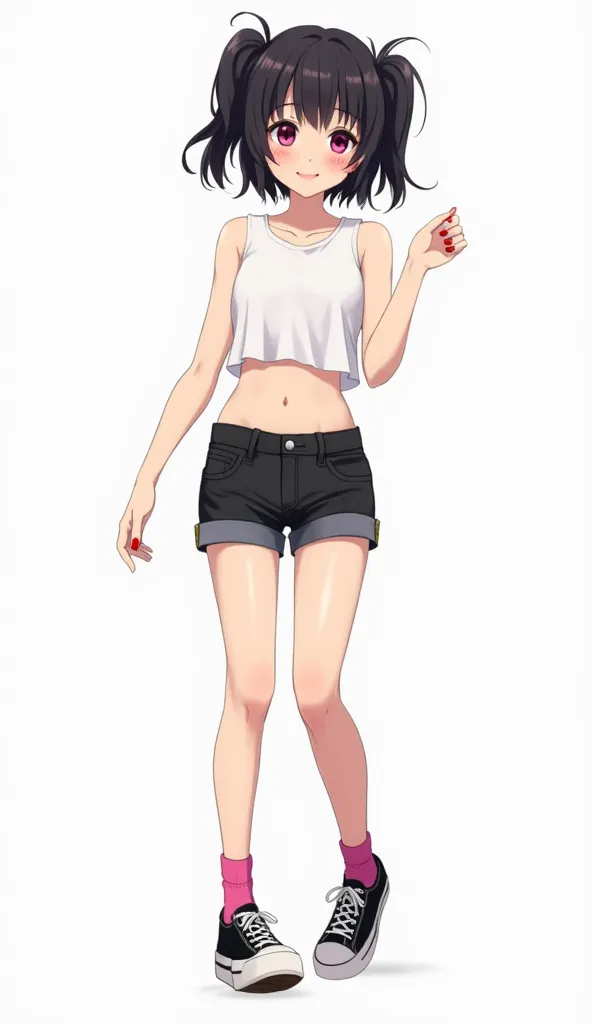 Japanese anime adolescent woman with medium length straight black hair Two short pigtails and locks and intense magenta eyes and red nails and wears a slim sleeveless white top with bare abdomen and black denim shorts and pink socks and wears black Convers...