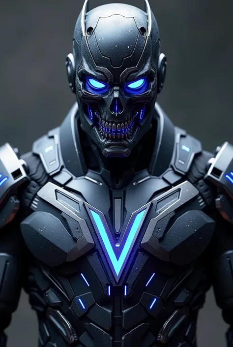 A futuristic and advanced armor, its face has a skull-like design, but in dark or black tones, with glowing details that resemble stars and galaxies. The armor features a large and visible letter 'V' positioned in the center of the chest area. The armor ap...