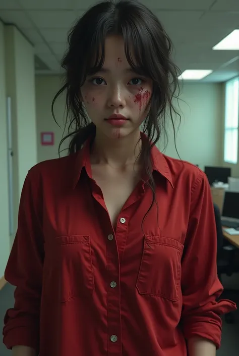 girl in wet red office shirt, stains of cum