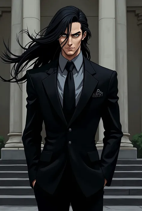  Drawing of a man with long black hair wearing a black suit with a gray shirt.  He has a small smile and stands in front of a building . JoJo's Bizarre Adventures style 