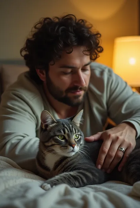 
 “A man with curly hair and short beard is lying on a simple bed,  wearing a soft fabric shirt .  His hand rests on a gray green-eyed cat ,  caressing its short, slightly disheveled coat . The cat is lying next to him , with a relaxed body and closed eyes...