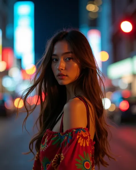 Capture a dynamic urban scene at night, where vibrant city lights illuminate the skyline with a lively energy. In the foreground, a Caucasian woman stands poised, her long flowing hair cascading over her shoulders, glowing softly under the warm glow of nea...