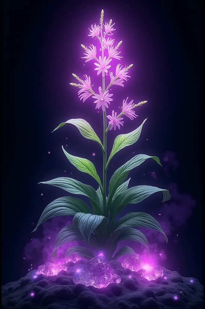 Create a poster with a lobelioideae plant wrapped in purple light and showing healing elements around 
And let the background be black 