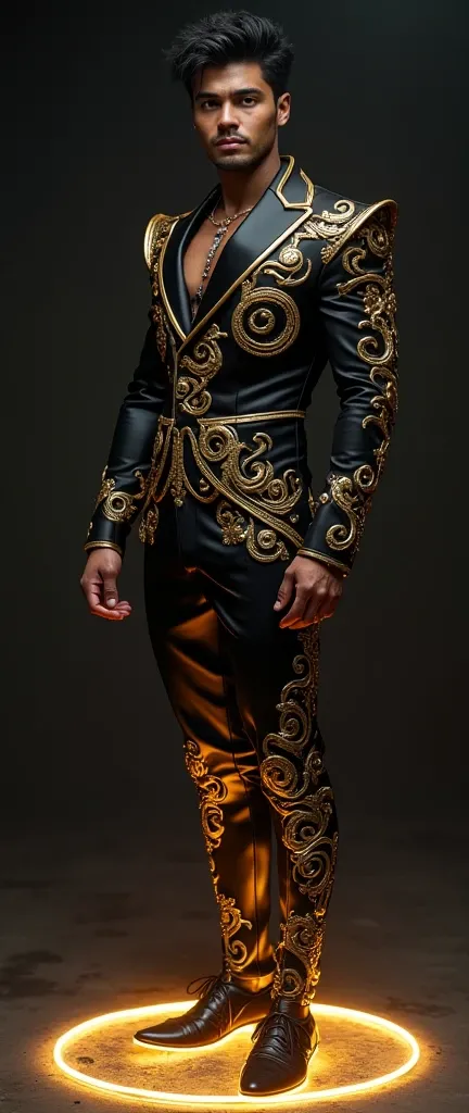 Full body photorealistic handsome hunky fractal masculine black r hair Onyx,,wearing a black with gold  transparent crystal chrome gold swirl and twirl baroque design glass trimmings super suit , look at camera, detailed face parts, with majestic shadow as...