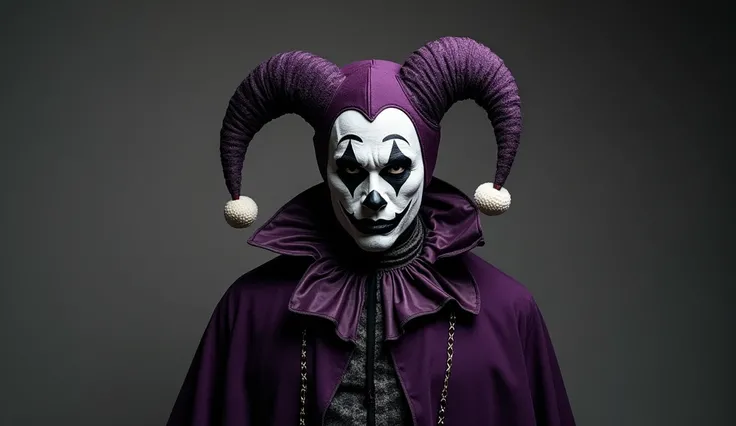 dressed in a black and purple costume like cassock and his face painted white and black lips and a symbol of a footprint on his forehead, Jester and Joker clown hybrid, male jester ,  evil villain smile , and 2 buffoon horns , dressed like an oracle ,  wea...