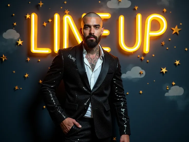 Simone Susinna (31 years old, shaved hair, “Buzz cut”, green eyes, textured white skin, strong and athletic body, sexy, defined chin, well-done short round black beard, full lips, tattoo on neck and arm) wearing an extravagant black sequin suit, white slit...