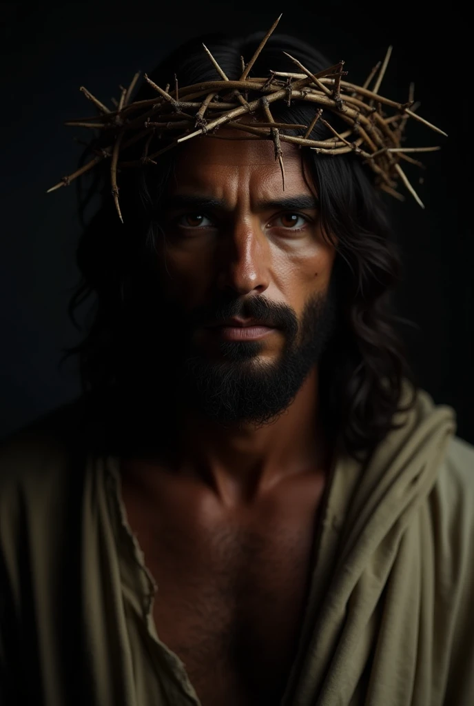 A hyper-realistic close-up of Jesus Christ from the waist up, wearing a crown of thorns. His expression is filled with suspense and intensity as he stares directly at the camera. His face is partially shadowed by moody, cinematic lighting, emphasizing the ...