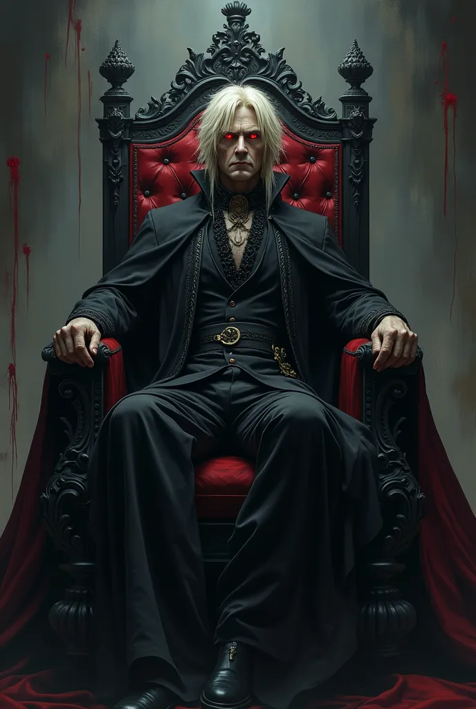 vampire overlord from clan LASOMBRA. blond hades from saint seiya like hair, red eyes. a man in his 50s
 sitting in his throne short pointy hair long. with outfit made of shadows that are like black smoke