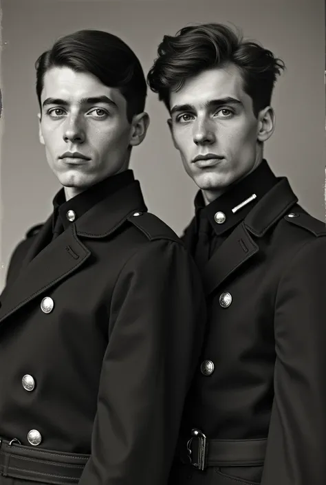 Create an image of two male friends, about 27 years old, who are French spies from the First World War and that the photo is in black and white as old and who are facing the front