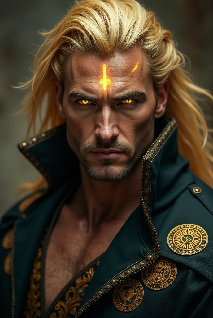 Imagine a majestic and mysterious male figure, with glowing mark on his forehead, piercing yellow eyes and golden  hair that falls to his broad shoulders. His chiseled features and strong jawline convey a sense of power and intensity, while his subtle smil...