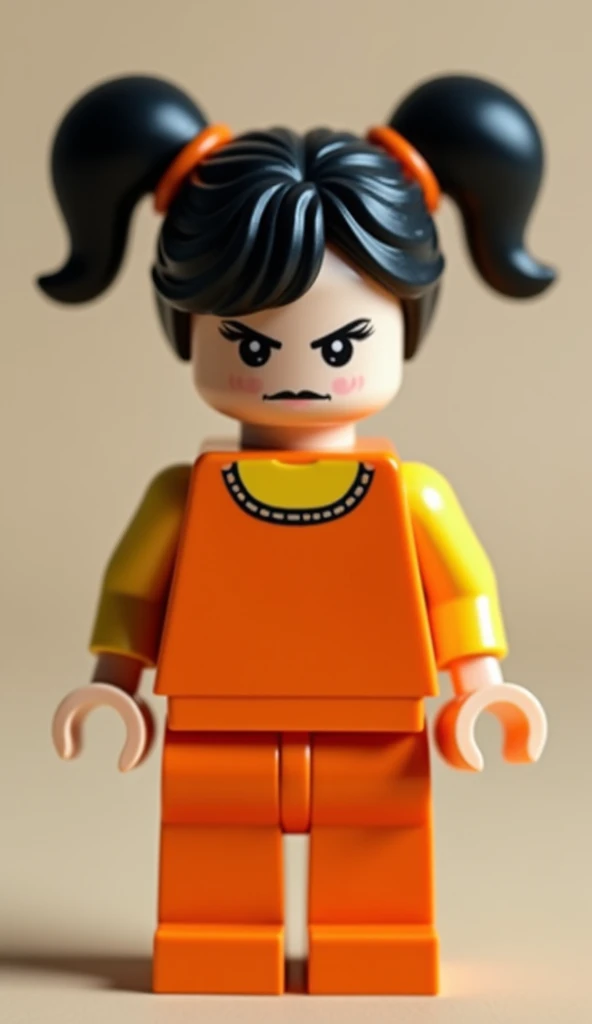  Create a figure of a doll . 

The character must have:

 fair skin, Light beige head and arms,  Black hair tied in two Maria-Chiquinhas and a fringe in the middle of the forehead.

Serious and sinister expression .

 She wears an orange dress with a yello...