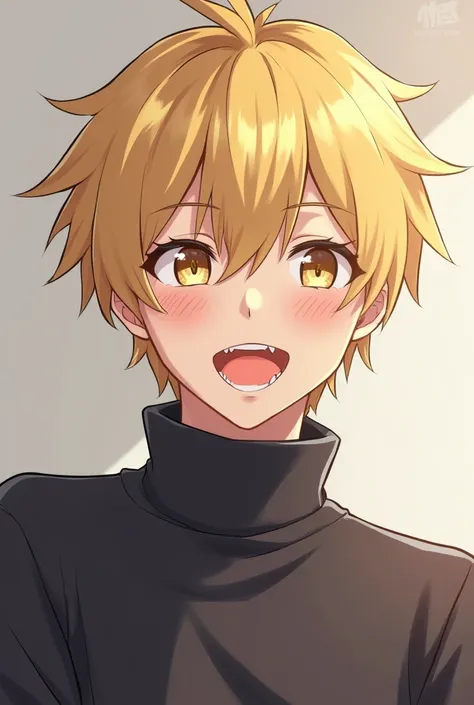 An animated blond with turtle neck with fangs smiling male for anime profile picture