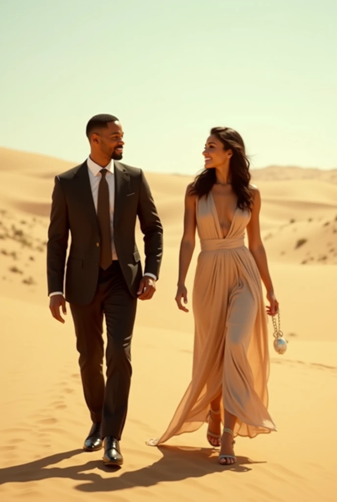 Will Smith walks in the desert and Haifa Wehbe meets him and they greet each other