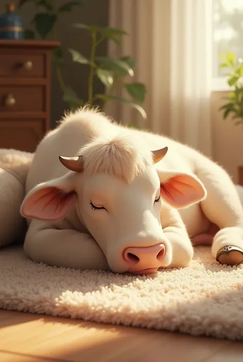 Image of a cow sleep on a carpet