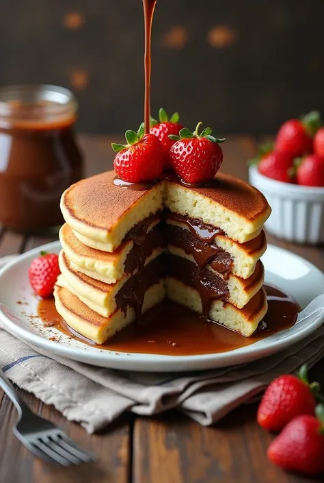 A stack of thick and fluffy golden pancakes with a gooey Nutella filling inside. The pancakes are sliced in half to reveal the melted chocolate center. They are served on a white plate with fresh strawberries on top. The background features a rustic wooden...