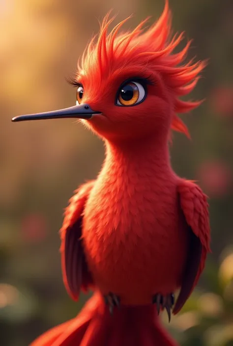 Design a Disney Pixar-style character of a full-bodied, red female hummingbird. Use on the body and head predominantly color #bf2e36, and on the wing feathers and hair color #7f111d. The hummingbird's eyes are honey-colored with reddish tones and feminine ...